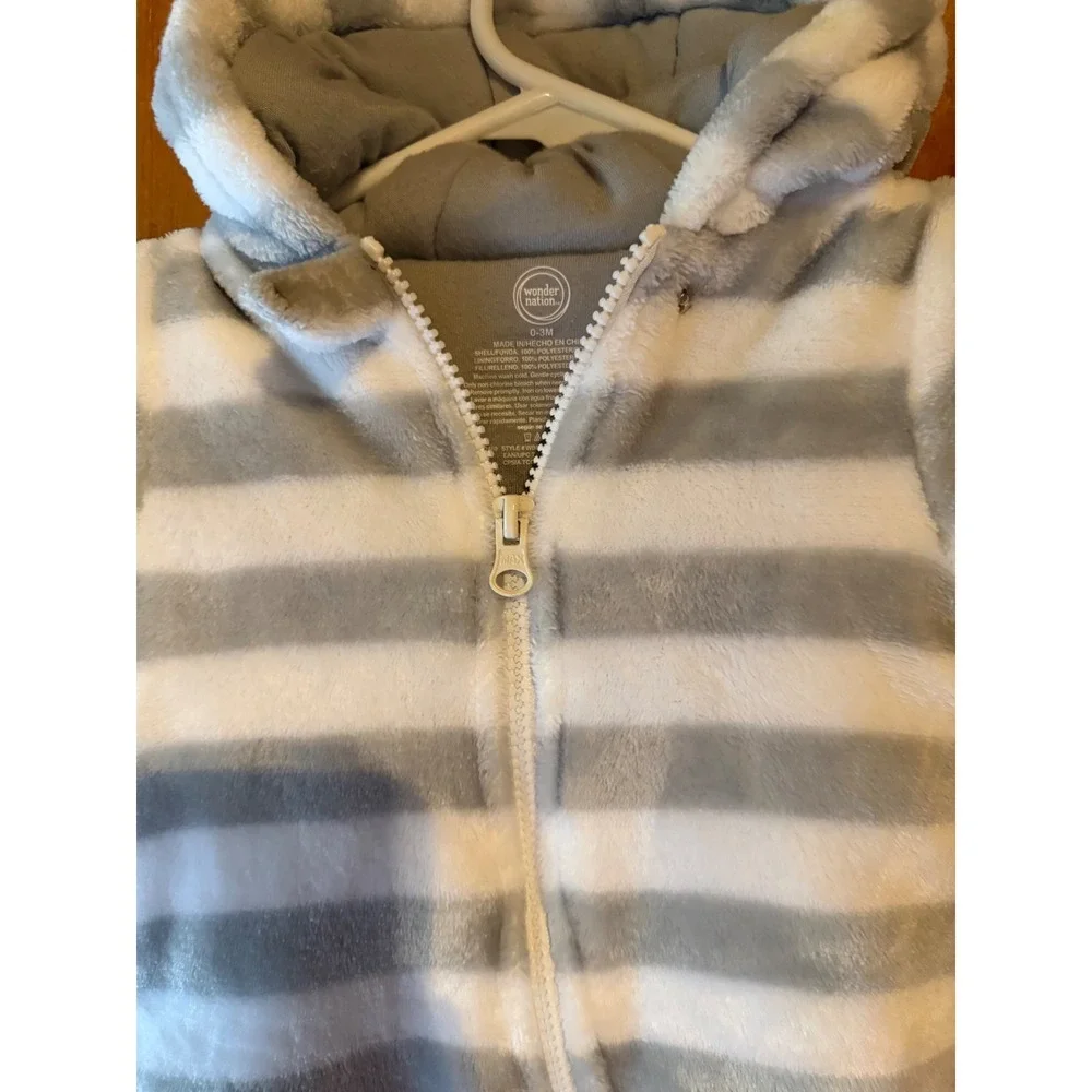 Wonder Nation Baby Bunting Suit Grey White Striped Hooded Fleece Pram 0-3M